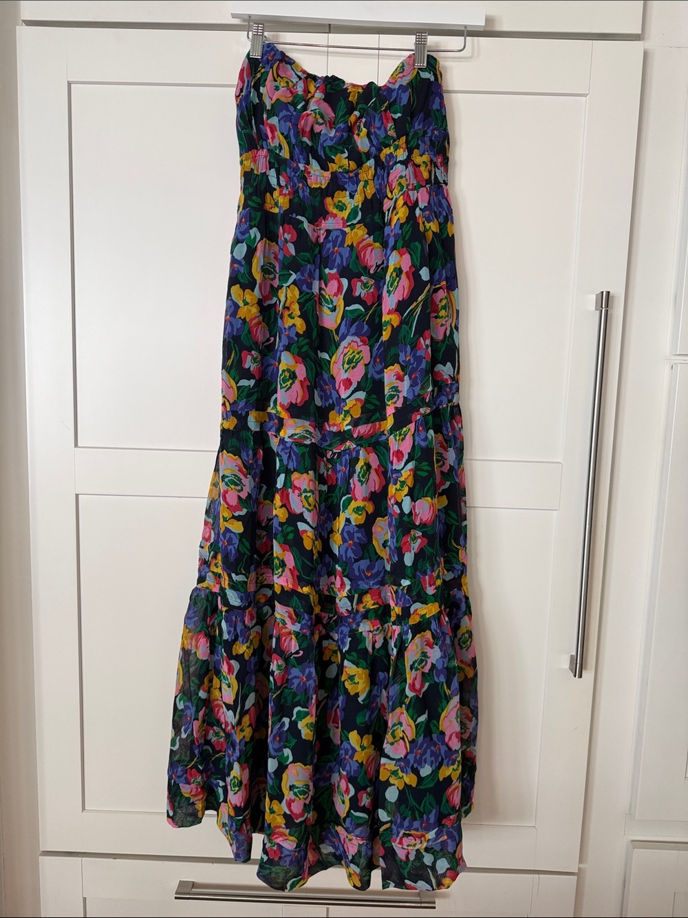 Anthropologie Strapless Floral Tiered Maxi Dress - Navy with Pink, Yellow, Green